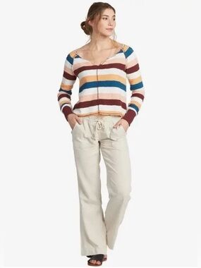 Roxy Oceanside Womens M Blanc Linen Blend Wide Leg Pocket Drawstring Waist Pants